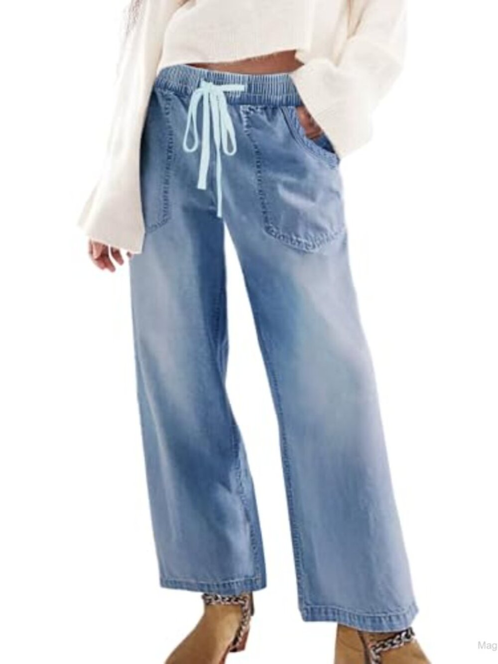 SESERAGI Womens Barrel Stretch Jeans Drawstring Pull On Denim Pants